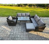 Fimous Outdoor Lounge Sofa Set Wicker PE Rattan Garden Furniture Set with Rectangular Dining Table Reclining Chair Big Footstool Dark Grey Mixed Fimous Dark Grey