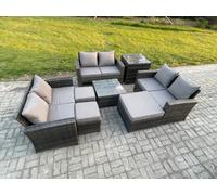 Fimous Outdoor Lounge Sofa Set Wicker Pe Rattan Garden Furniture Set With Square Coffee Table 3 Footstools Side Table