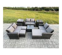 Fimous Outdoor Lounge Sofa Set Wicker PE Rattan Garden Furniture Set with Square Coffee Table Double Seat Sofa 3 Footstools 2 Dark Grey Mixed