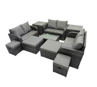 Fimous Outdoor Love Sofa Coffee Table Set Garden Rattan Furniture Set 10 Seater with 4 Stools 2 Side Tables Dark Grey