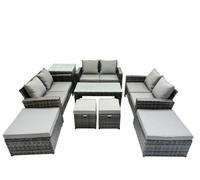 Fimous Outdoor Love Sofa Set 10 Seat Rattan Garden Furniture Set with Oblong Coffee Table 4 Stools Side Table Dark Grey Mixed