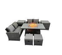 Fimous Outdoor Love Sofa Set 6 Seat & Gas Firpit Dining Table 2 Side Table