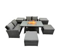 Fimous Outdoor Love Sofa Set 6 Seat & Gas Firpit Table 2 Stools 2 Side Table