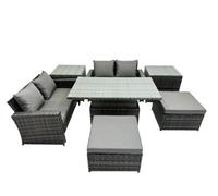 Fimous Outdoor Love Sofa Set 6 Seat Rattan Garden Furniture Set with Adjustable Lifting Dining or Coffee Table Big Stool Dark Grey Mixed