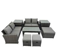 Fimous Outdoor Love Sofa Set 7 Seat Rattan Garden Furniture Set With Oblong Coffee Table 3 Footstools 2 Side Table Dark Grey Mixed