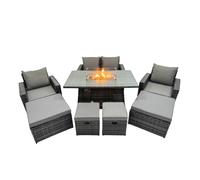 Fimous 8 Seater Rattan Garden Furniture Set with Gas Fire Pit Dining Table, Sofa, 2 Chairs & 3 Footstools - Dark Grey