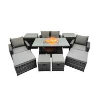 Fimous Outdoor Love Sofa Set 8 Seat & Gas Firpit Table 4 Stools 2 Side Table