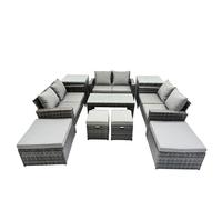 Fimous Outdoor Love Sofa Set 10 Seat Rattan Garden Furniture Set with Oblong Coffee Table 4 Stools 2 Side Table Dark Grey Mixed