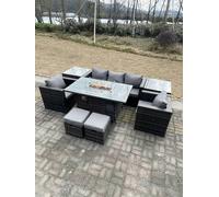 Fimous Outdoor PE Rattan Garden Furniture Gas Fire Pit Dining Table Armchairs With 2 Side Coffee Table Stools Dark Grey Mixed
