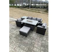 Fimous Outdoor PE Rattan Garden Furniture Gas Fire Pit Dining Table Armchairs With High Side Coffee Table Big Footstool Dark Grey Mixed