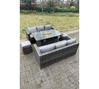 Outdoor PE Rattan Garden Furniture Gas Fire Pit Dining Table Lounge Sofa 2 PC Footstools Dark Grey Fimous Dark Grey One Size