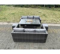 Fimous Outdoor PE Rattan Garden Furniture Gas Fire Pit Dining Table Lounge Sofa 2 PC Footstools Dark Grey Mixed Patio