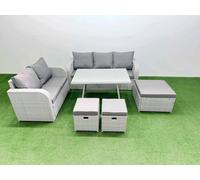 Fimous Outdoor PE Rattan Garden Furniture Set Rectangular Dining Table Sofa Set with 3 Stool Light Grey