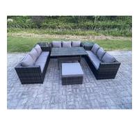 Outdoor PE Wicker Garden Furniture Rattan Lounge Sofa Set Patio Dining Table 2 Side Table 10 Seater Fimous Dark Grey One Size