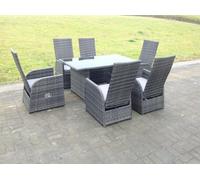 Fimous Dark Grey Mixed Outdoor Wicker Rattan Garden Furniture Reclining Chair And Table Dining Sets 6 Seater Rectangular Black Tempered Table Dark Grey