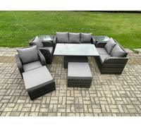 Fimous Outdoor Rattan 9-Seater Dining & Lounge Set | Adjustable Rising Table, Reclining Sofa & Chairs, 2 Side Tables, 2 Footstools