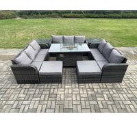 Fimous Rattan Outdoor Garden Furniture Set with Gas Fire Pit Table, 2 Side Tables, 3 Sofas, 2 Large Footstools - 11 Seater - Dark Grey