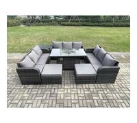 Fimous Rattan Outdoor Garden Furniture Set with Gas Fire Pit Tabl, Side Table, 3 Sofas, 2 Large Footstools - 11 Seater - Dark Grey