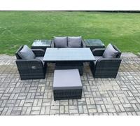 FIMOUS Outdoor Rattan Dining Set - Height-Adjustable Table, Love Sofa, 2 Side Tables, Footstool