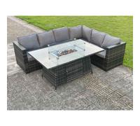 Fimous Outdoor Rattan Garden Corner Sofa Set Garden Furniture Gas Fire Pit Table Dining Sets Gas Heater Lounge Dark Grey 6 Seater Dark Grey
