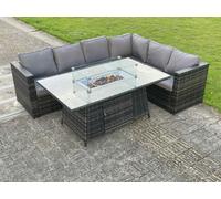 Fimous Outdoor Rattan Garden Corner Sofa Set Garden Furniture Gas Fire Pit Table Dining Sets Gas Heater Lounge Dark Grey 6 Seater