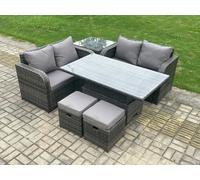 Fimous Outdoor Rattan Garden Dining Set - Dark Grey Mixed Height Adjustable Rising Lifting Table Love Sofa Set with 2 Small Footstools