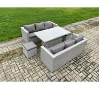 Fimous Outdoor Rattan Garden Funiture Set Height Adjustable Rising Lifting Table Sofa Dining Set with 2 Small Footstools Light Grey