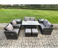 Fimous Outdoor Rattan Garden Furniture 9 piece Grey Patio Furniture Set 8 Seater Lounge Sofa Set with Reclining Chairs in Dark Grey Fimous Dark Grey