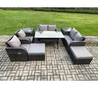 Fimous Outdoor Rattan Garden Furniture 9 piece Grey Patio Furniture Set 8 Seater Lounge Sofa Set with Rectangular Table in Dark Grey Fimous Dark Grey