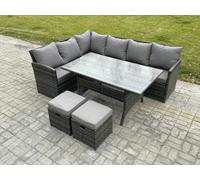 Fimous Outdoor Rattan Garden Furniture Corner Sofa Set with Rectangular Dining Table 2 Small Footstools Patio Wicker Rattan Set Dark Grey Mixed