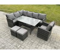 Fimous Outdoor Rattan Garden Furniture Corner Sofa Set With Rectangular Dining Table 2 Small Footstools Armchair