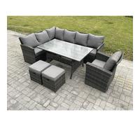 Fimous Outdoor Rattan Garden Furniture Corner Sofa Set with Rectangular Dining Table 2 Small Footstools Armchair Patio Wicker Rattan Set