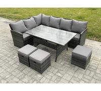 Fimous Outdoor Rattan Garden Furniture Corner Sofa Set with Rectangular Dining Table 3 Small Footstools Patio Wicker Rattan Set Dark Grey Mixed