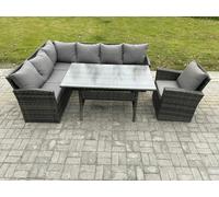 Fimous Outdoor Rattan Garden Furniture Corner Sofa Set with Rectangular Dining Table Armchair Patio Wicker Rattan Set Dark Grey Mixed