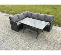 Fimous Outdoor Rattan Garden Furniture Corner Sofa Set with Rectangular Dining Table Patio Wicker Rattan Set Dark Grey Mixed