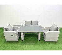 Fimous Outdoor Rattan Garden Furniture Dining Set 4-Seater Patio Rectangular Table Love Sofa Reclining Chair Set With Side Table