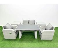 Fimous Outdoor Rattan Garden Furniture Dining Set 4 seater Patio Rectangular Table Love Sofa Reclining Chair Set with 2 Side Tables