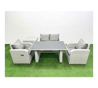 Fimous Outdoor Rattan Garden Furniture Dining Set 4-seater Patio Rectangular Table Love Sofa Reclining Chair Set with Side Table