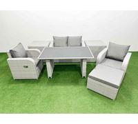 Fimous Outdoor Rattan Garden Furniture Dining Set 5-Seater Reclining Chair Set With 2 Side Tables Big Stool