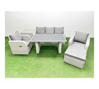 Fimous Outdoor Rattan Garden Furniture Dining Set 6-seater Patio Rectangular Table 3 Seater Sofa Reclining Chair Set with Side Table Big Stool
