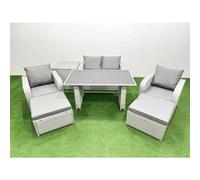 Fimous Outdoor Rattan Garden Furniture Dining Set 6-seater Patio Rectangular Table Love Sofa Reclining Chair Set with Side Table 2 Big Stools