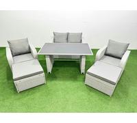 Fimous Outdoor Rattan Garden Furniture Dining Set 6 seater Patio Rectangular Table Love Sofa Reclining Chair Set with 2 Big Stools