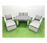 Fimous Outdoor Rattan Garden Furniture Dining Set 6-seater Patio Rectangular Table Love Sofa Reclining Chair Set with 2 Big Stools