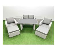 Fimous Outdoor Rattan Garden Furniture Dining Set 6-seater Patio Rectangular Table Love Sofa Reclining Chair Set with 2 Side Tables 2 Big Stools