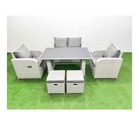 Fimous Outdoor Rattan Garden Furniture Dining Set 6 seater Patio Rectangular Table Love Sofa Reclining Chair Set with 2 Small Stools