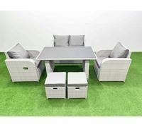 Fimous Outdoor Rattan Garden Furniture Dining Set 6 seater Patio Rectangular Table Love Sofa Reclining Chair Set with 2 Small Stools