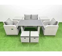 Fimous Outdoor Rattan Garden Furniture Dining Set 6-seater Patio Rectangular Table Love Sofa Reclining Chair Set with 2 Side Tables 2 Small Stools