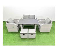 Fimous Outdoor Rattan Garden Furniture Dining Set 6 seater Patio Rectangular Table Love Sofa Reclining Chair Set with 2 Side Tables 2 Small Stools