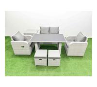 Fimous Outdoor Rattan Garden Furniture Dining Set 6 seater Patio Rectangular Table Love Sofa Reclining Chair Set with Side Table 2 Small Stools