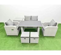 Fimous Outdoor Rattan Garden Furniture Dining Set 6 seater Patio Rectangular Table Love Sofa Reclining Chair Set with Side Table 2 Small Stools